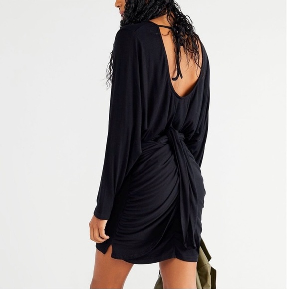Free People Black Wrap Tie Waist Dolman Long Sleeve Knit Mini Dress - Picture 2 of 10